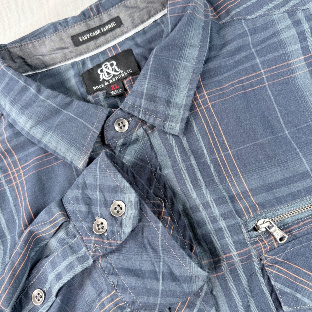 Rock Republic Men Shirt XL Blue Plaid Long Sleeve Button Down Utility Zip Pocket